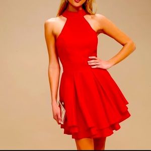 Lulus Red Halter Neckline Skater Dress